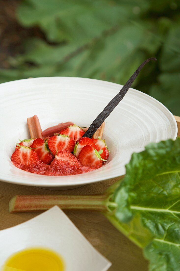 Weisser Teller mit Erdbeeren, Rhabarberstücken und Vanilleschote