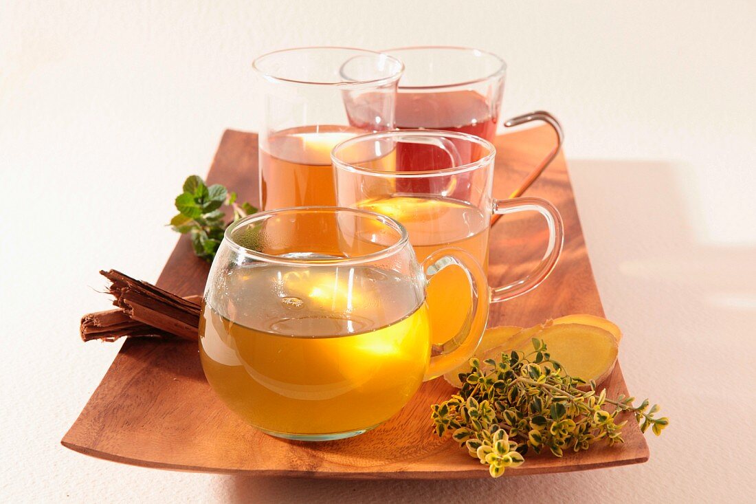 Various herbal teas in tea cups