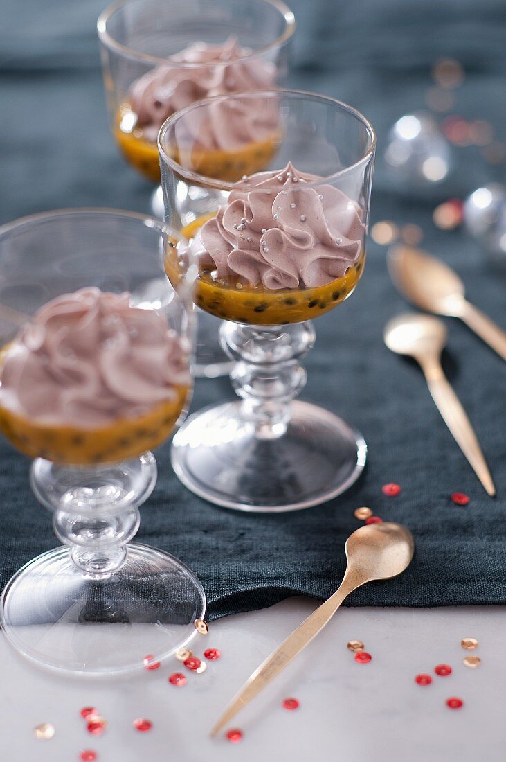 Chocolate mousse with passion fruit coulis