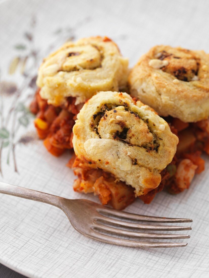 Italian vegetable bake topped with pastry