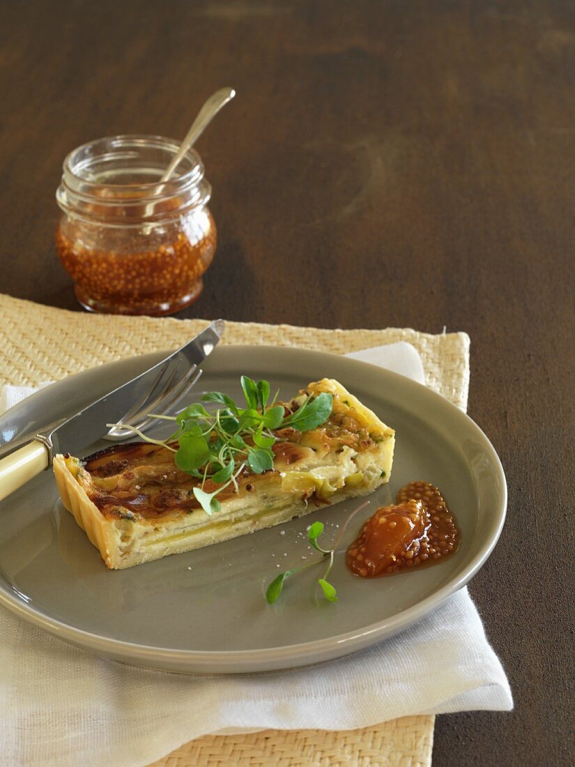 Leek and brie quiche with fig chutney