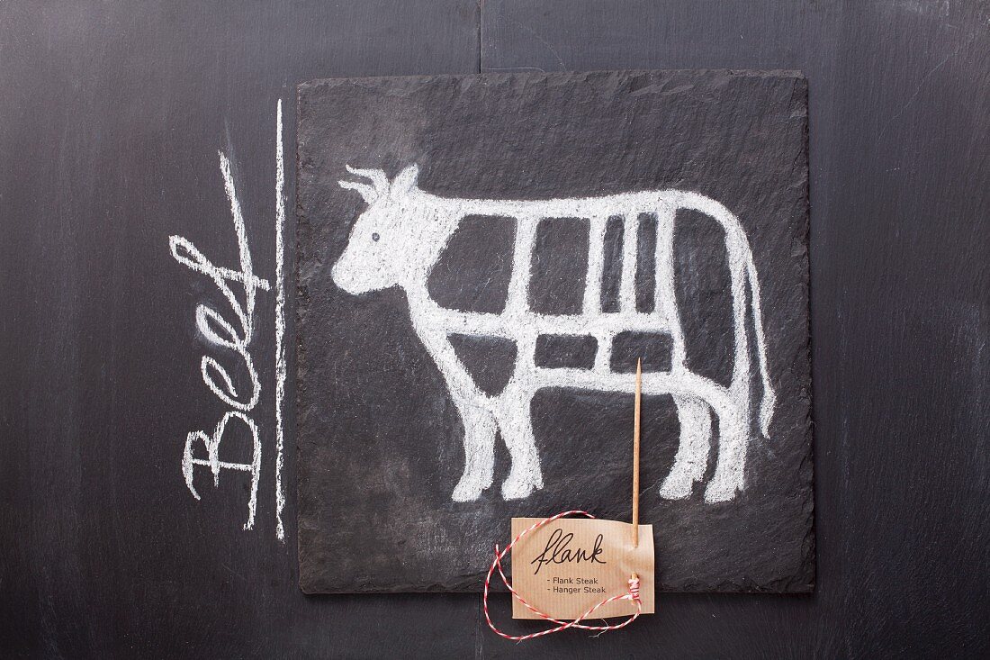 A sketch of a cow and a label with the word 'Beef' drawn on a chalkboard