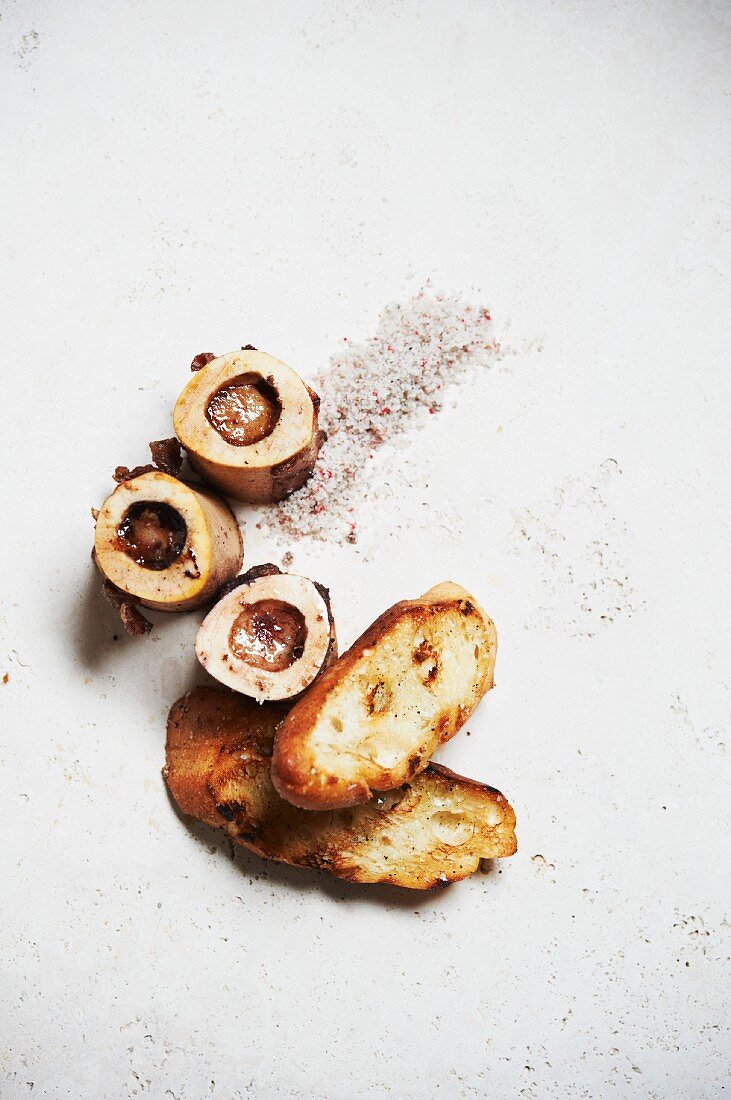 Roasted Beef Marrow Bones with Slices of Toasted Bread; From Above
