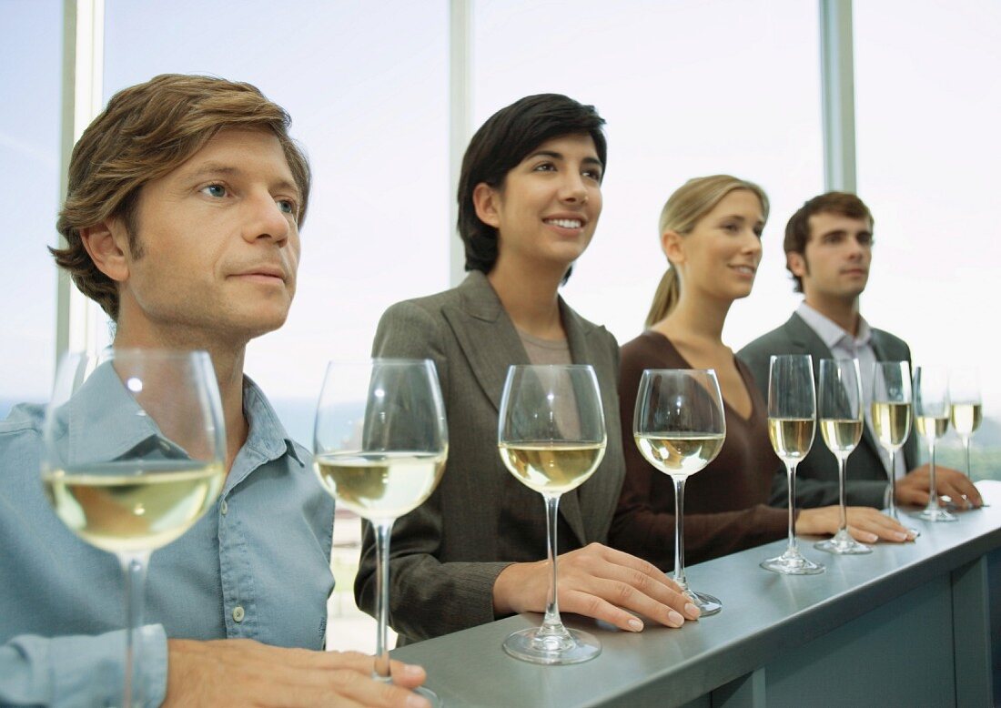 Four adults standing in row with hands on bar, glasses of wine in front of them