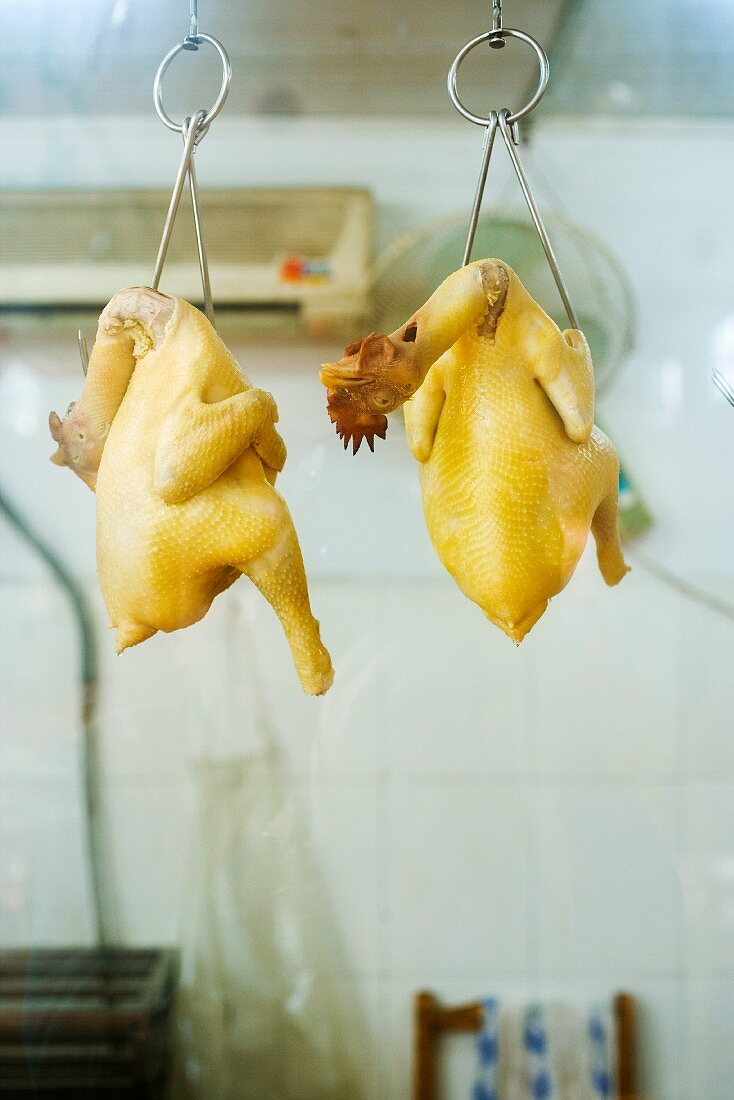 Raw skinned chickens hanging from hooks