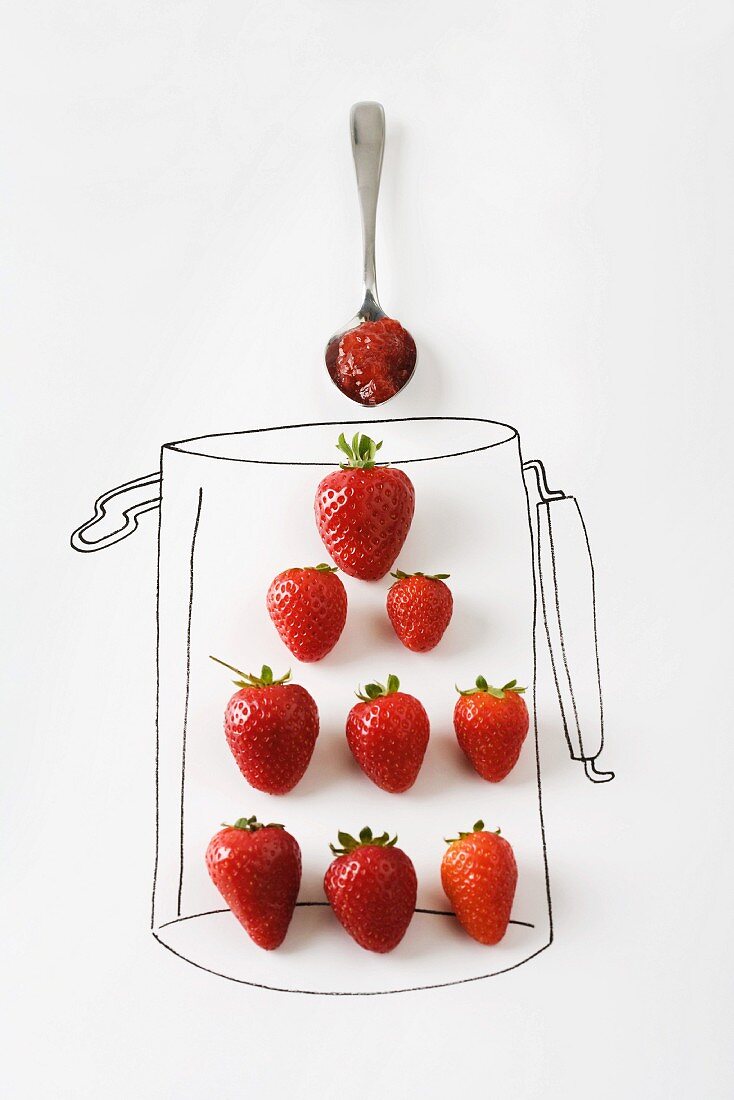 Erdbeermarmelade auf Löffel, frische Erdbeeren in gezeichnetem Einmachglas