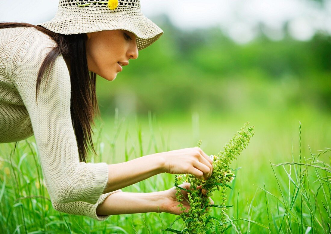 Young woman picking flowers