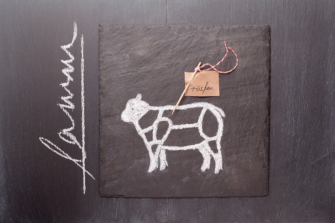 A sketch of a lamb and a written label on a chalkboard