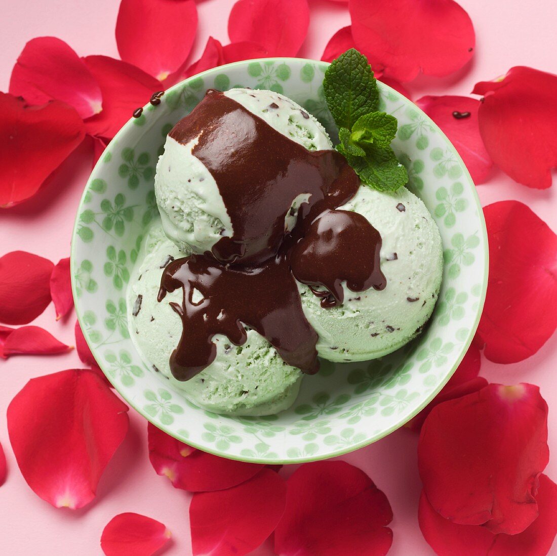 Mint chocolate chip ice cream in a bowl surrounded by rose petals