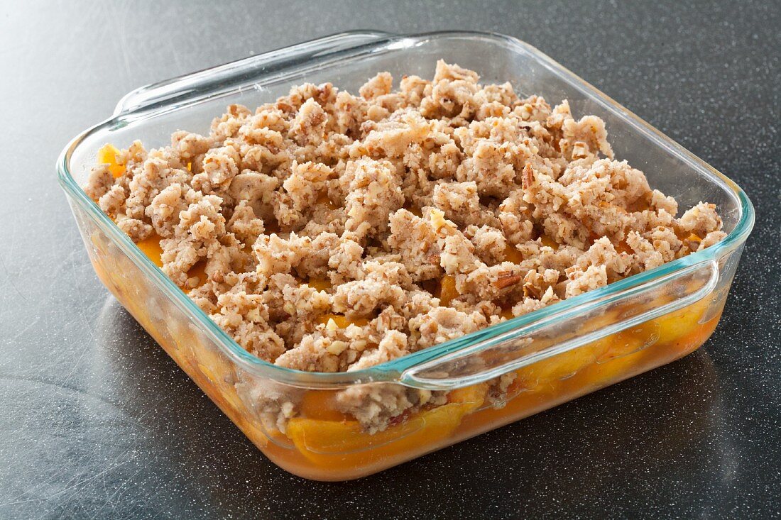 Fruit Crisp in Baking Dish Ready to be Baked