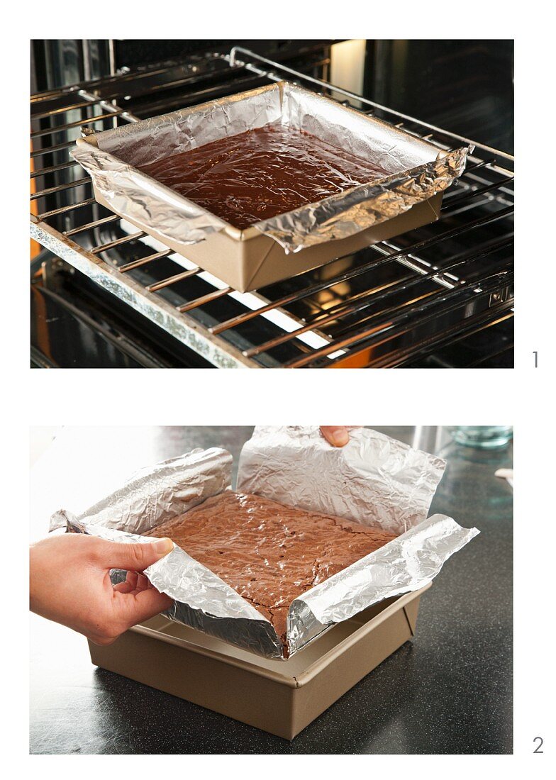 Brownies Baking in a Foil Lined Pan in Oven; Removing Brownies from Pan by Lifting Foil