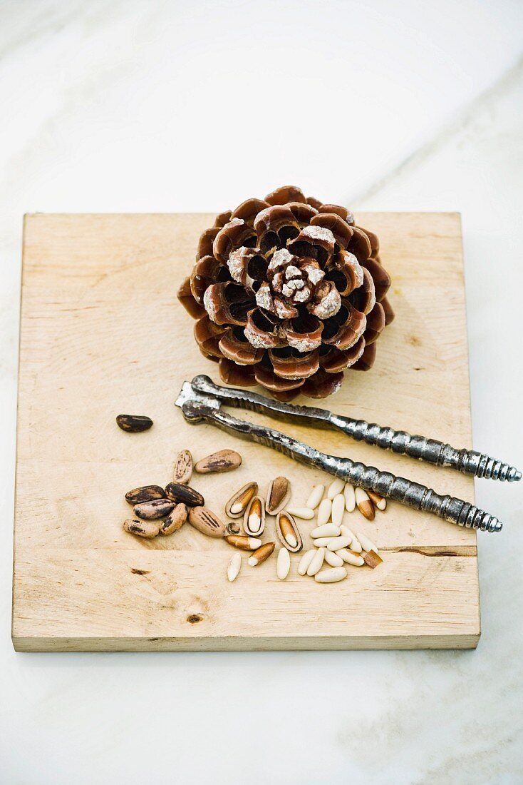 Pine nuts, a pine cone and a nutcracker on a chopping board