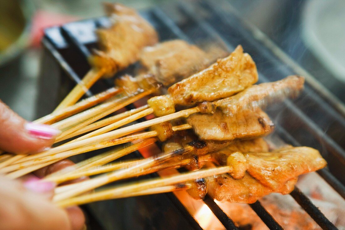 Hände halten gegrillte Schweinefleischspiesschen