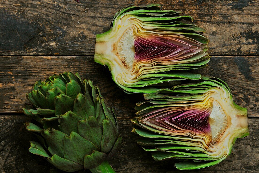 Artichokes, whole and halved