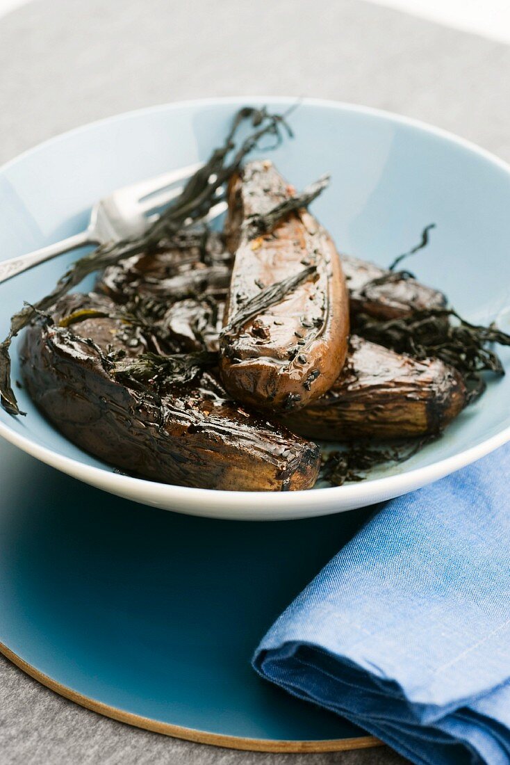 Aubergine confit with seaweed and a soy and balsamic vinegar dressing