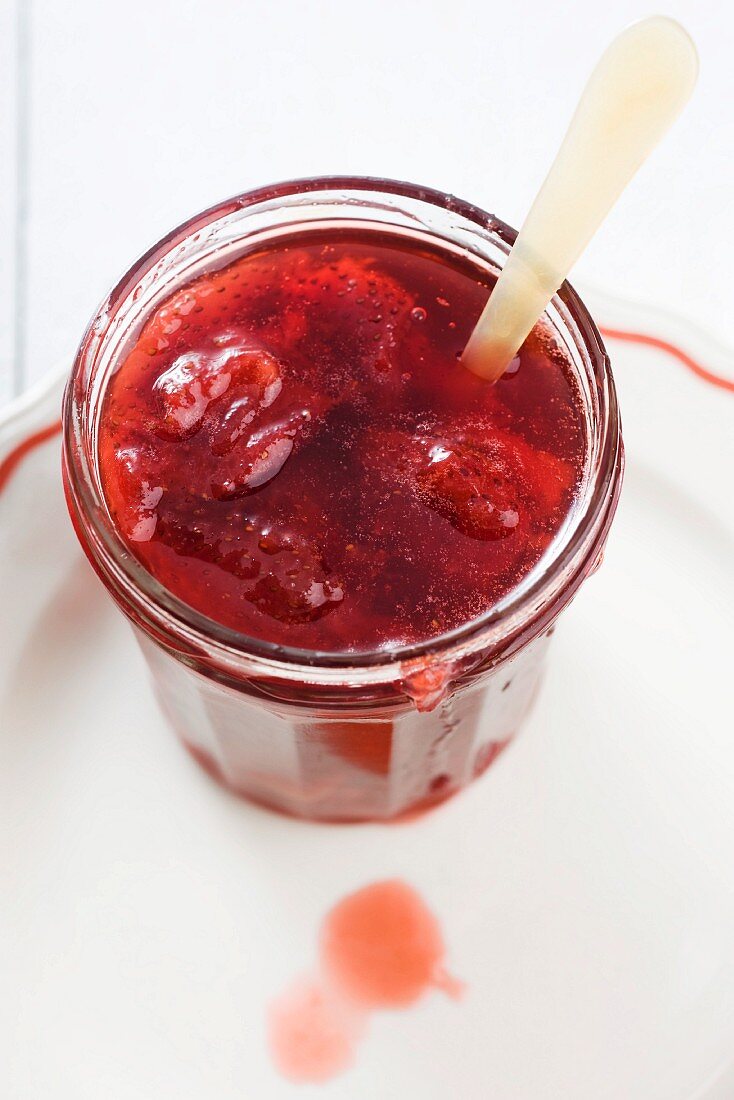 A jar of strawberry jam