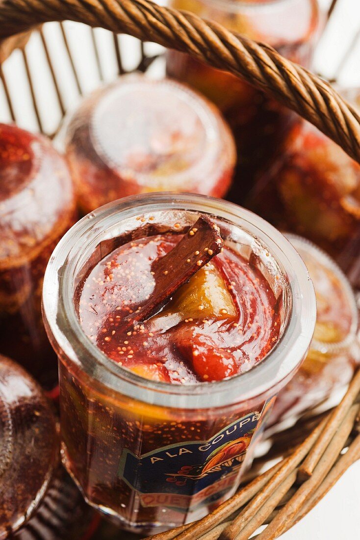 Spicy fig chutney in a jar with a label