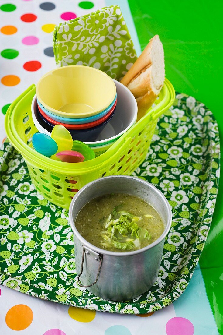 Lettuce soup and picnic bowls and plates
