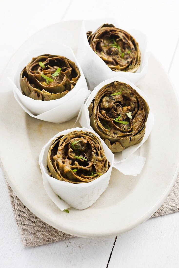 Artichokes stuffed with egg and anchovies