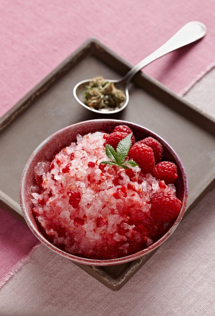 Raspberry and Marijuana Shaved Iced in a Bowl