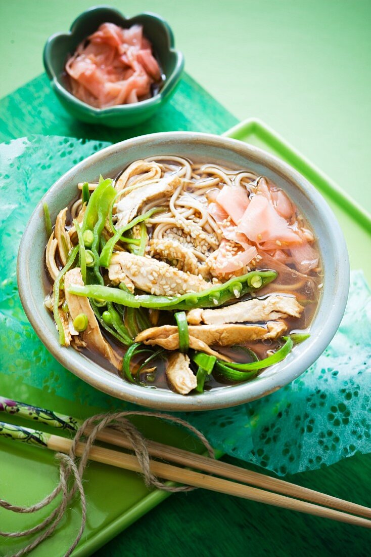 Chicken soup with soba noodles and pickled ginger