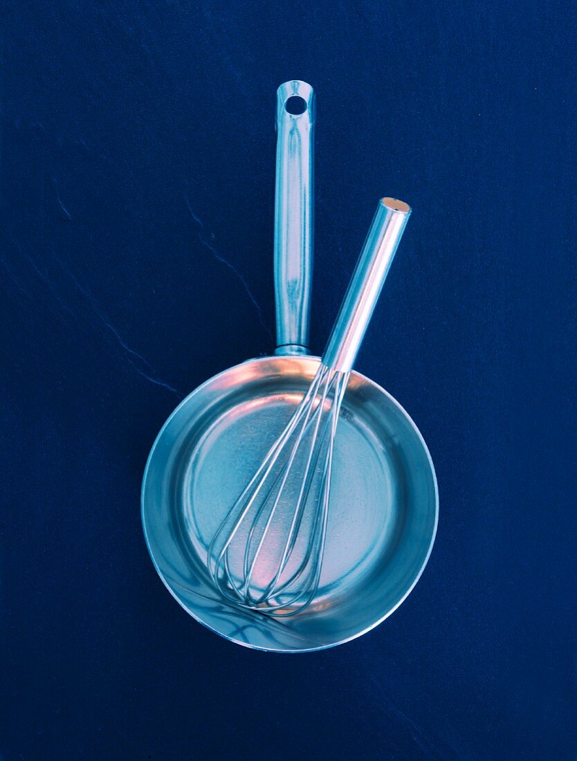 A saucepan with a whisk (seen from above)