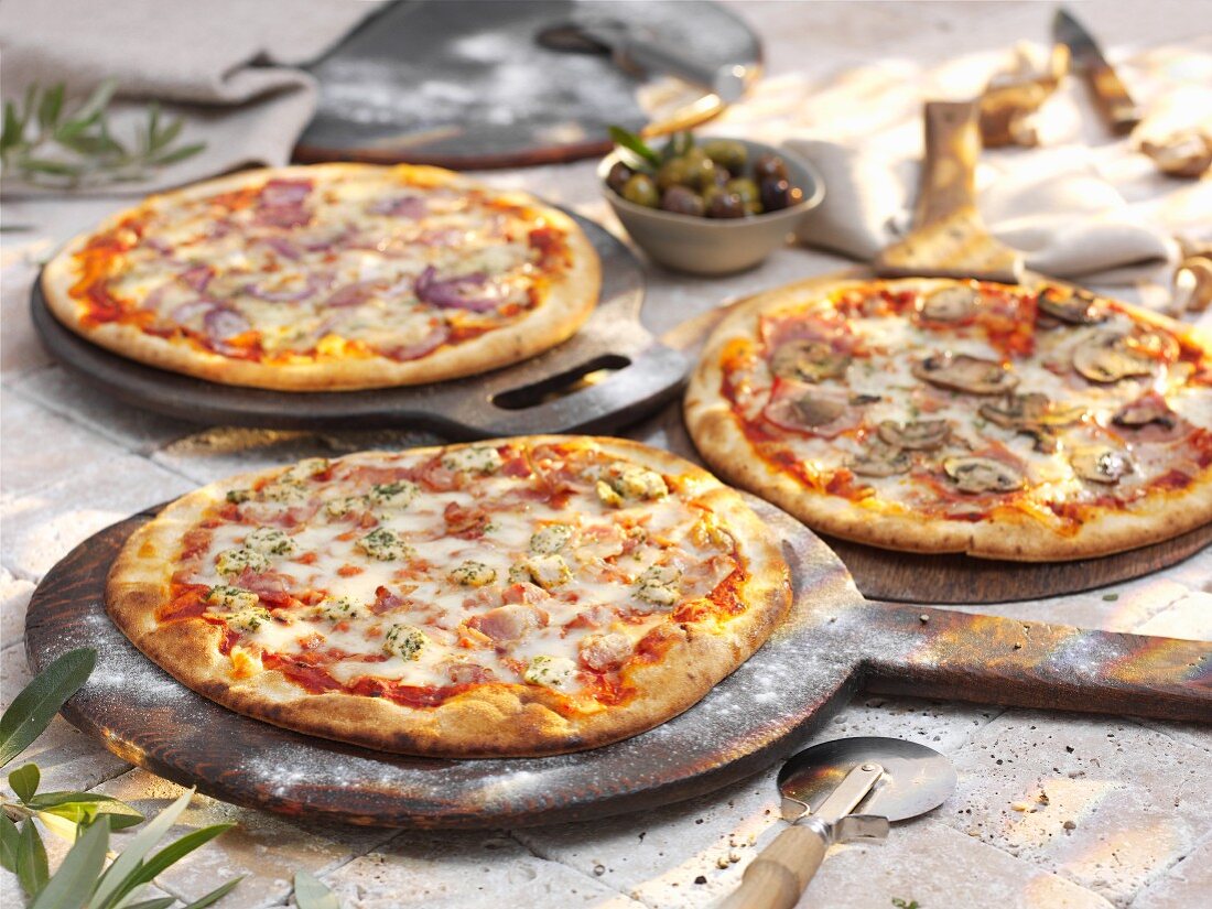 Three different stone oven pizzas