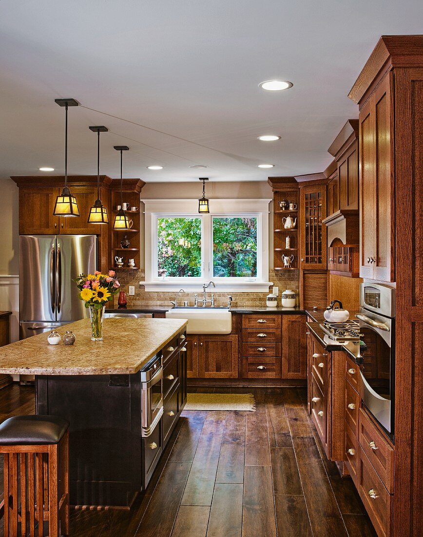 Hardwood floors and cabinets in kitchen