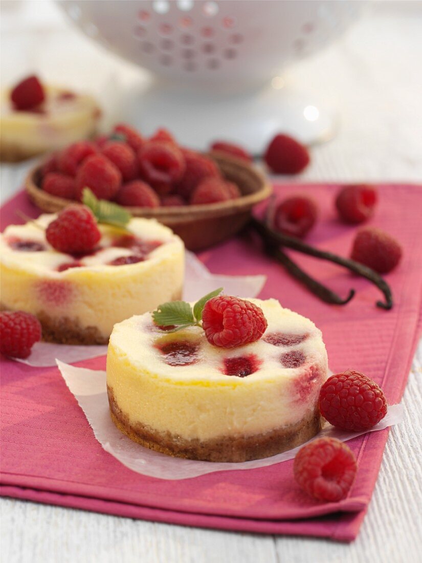 Kleine Vanille-Käsetörtchen mit Himbeeren