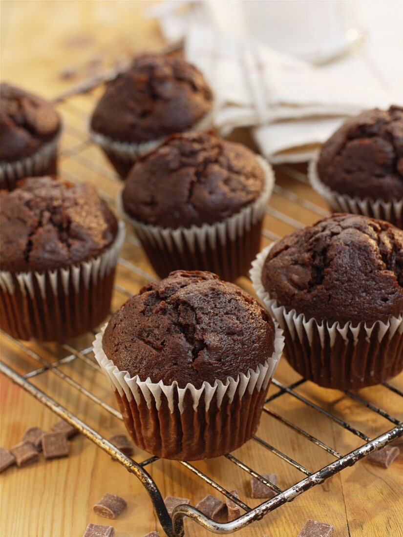 Schokoladen-Muffins auf Abkühlgitter