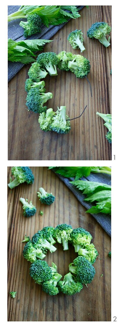 A broccoli wreath being made