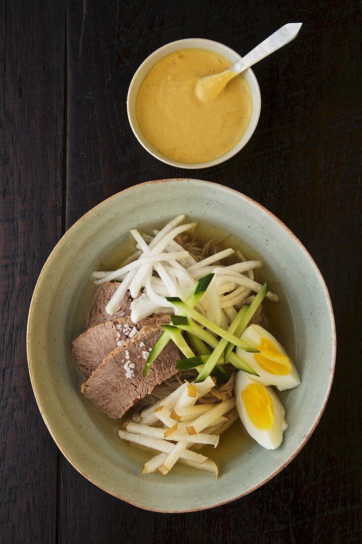 Naengmyeon; Korean Cold Noodles with Cold Beef and Broth