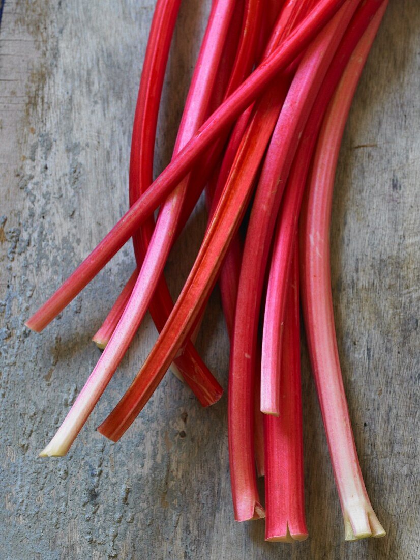 Rhubarb on a wooden surface
