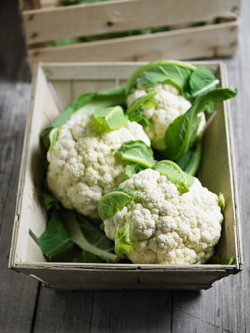 Cauliflowers in a wooden box