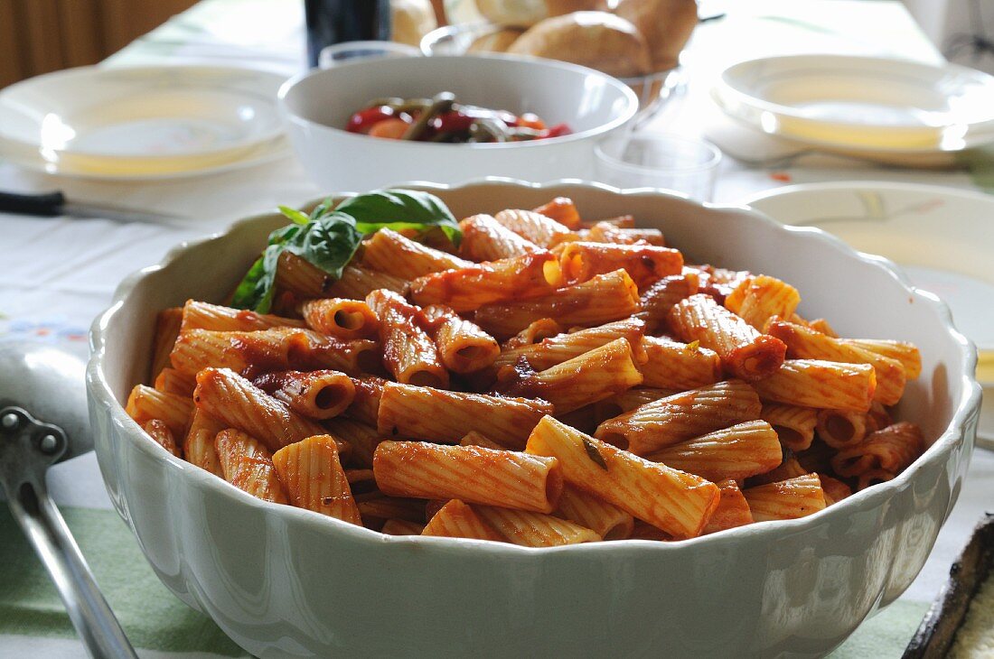 Rigatoni with tomato sauce in a porcelain bowl
