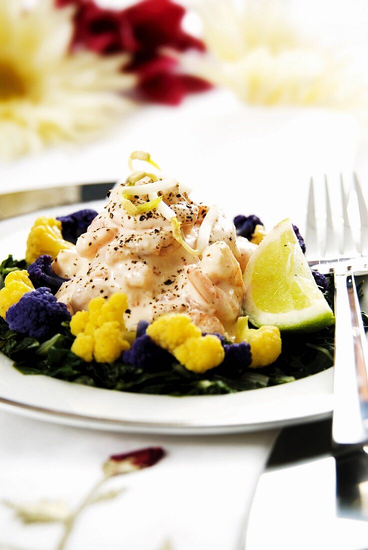 Prawn cocktail with coloured cauliflower florets and spinach