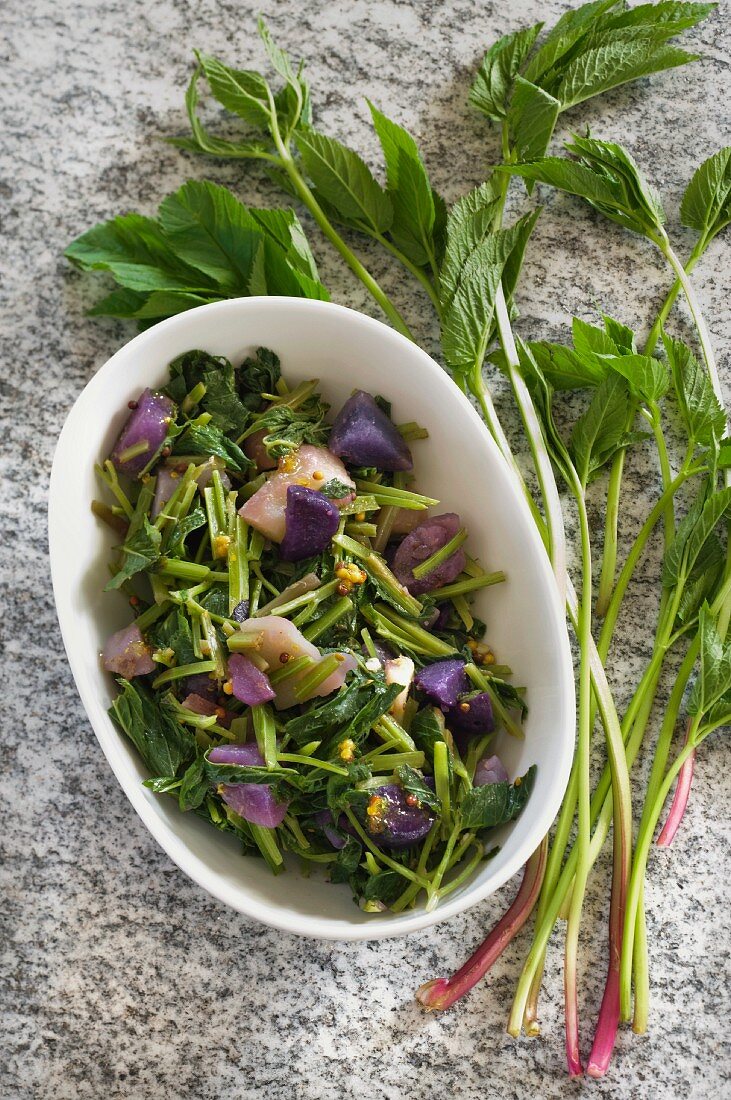 Steamed ground elder with blue potatoes