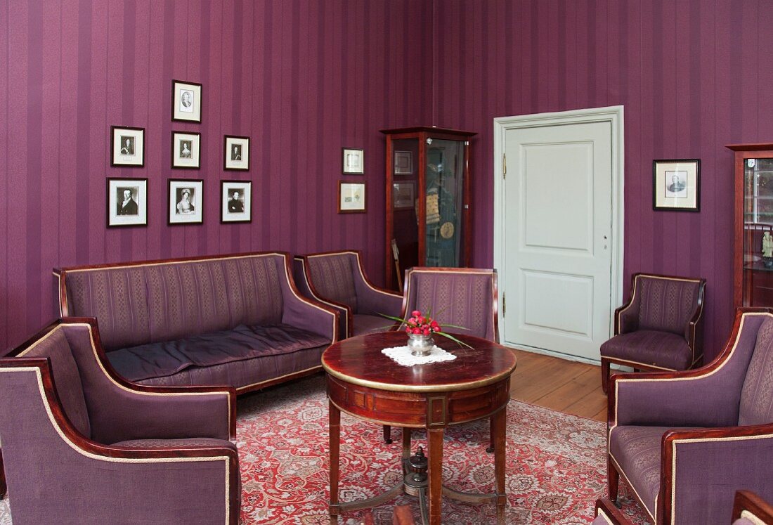 A living room with a purple suite, Sagadi Manor, Estonia