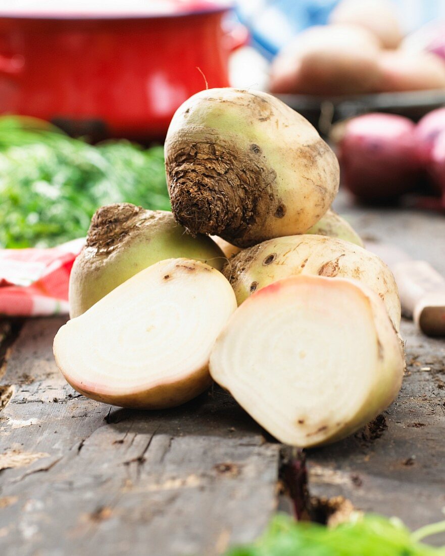 Round turnips, partially sliced