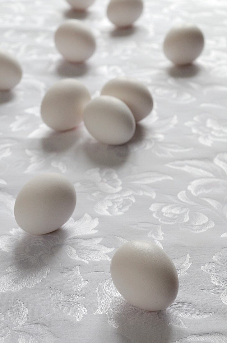 Mehrere weiße Eier auf gemustertem Stoff