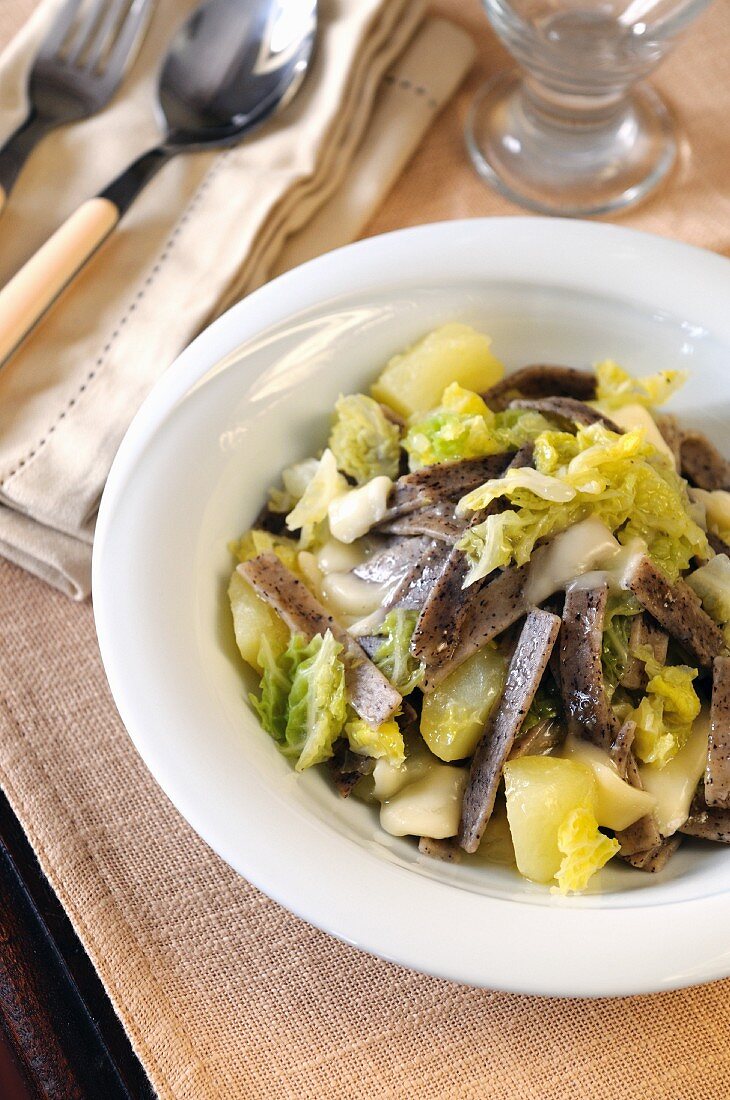 Pizzoccheri (buckwheat pasta with potatoes, cabbage and cheese, Italy)