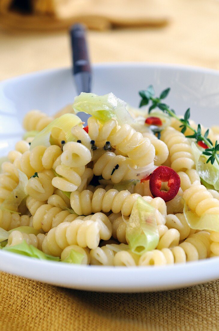 Fusilli with leek and chilli rings