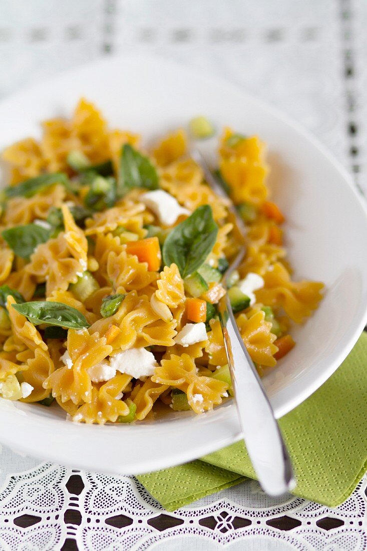 Pasta salad with basil and feta cheese