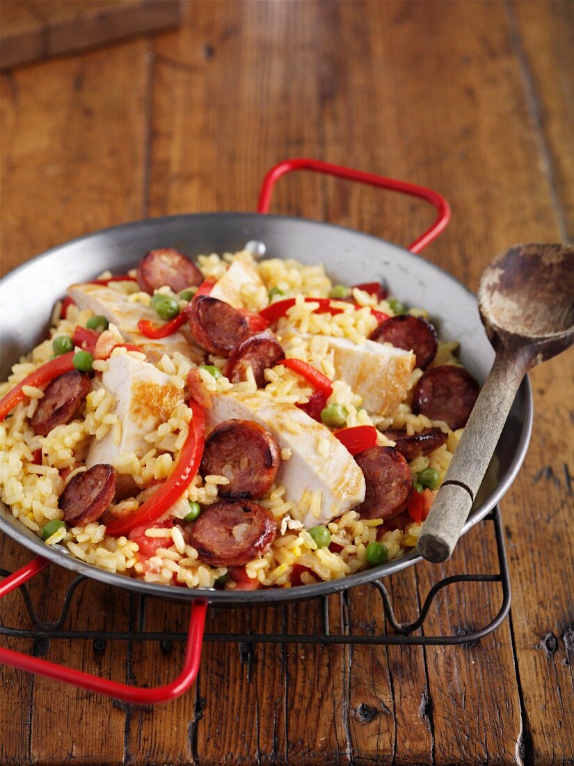 Paella with chicken and chorizo