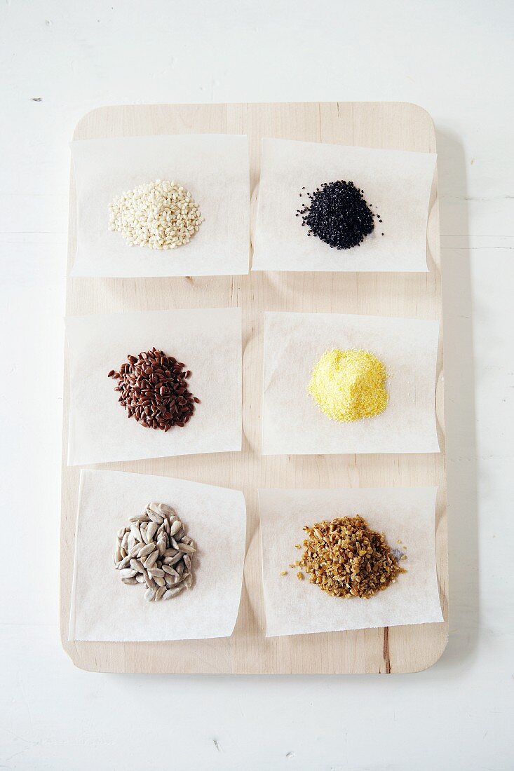 Various different types of corn on pieces of paper, seen from above