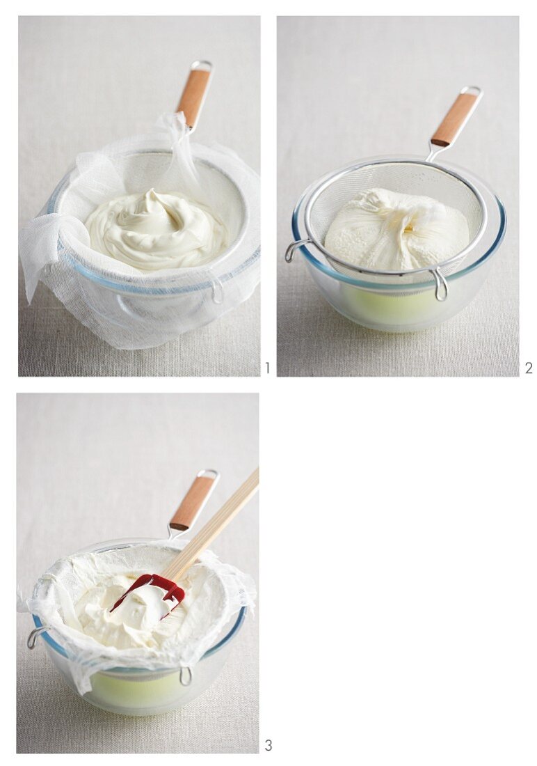 Strained yogurt being prepared