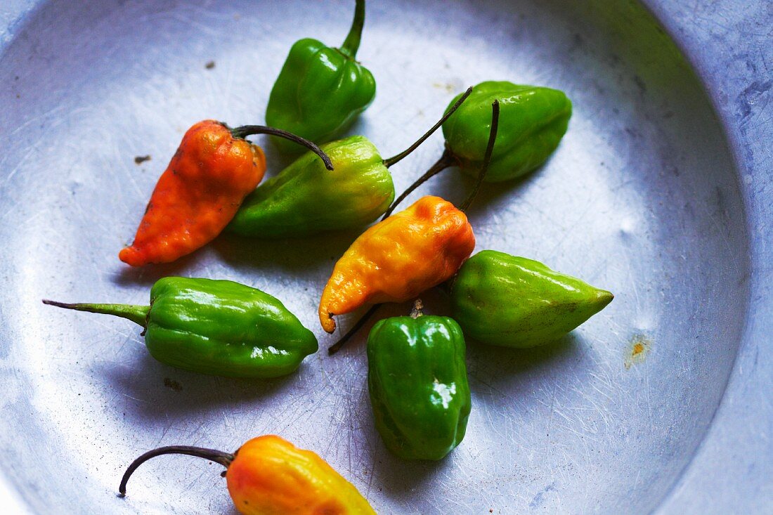 Fresh green and yellow chilli peppers