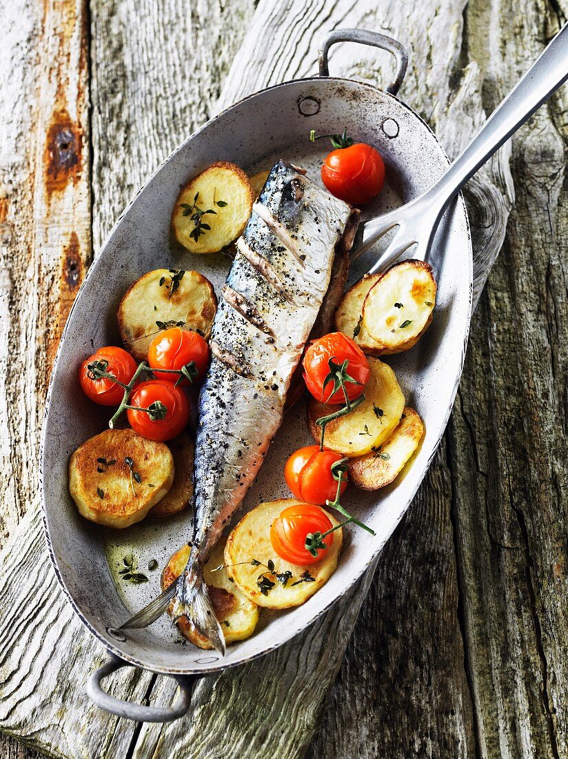 Fried mackerel with potatoes and tomatoes