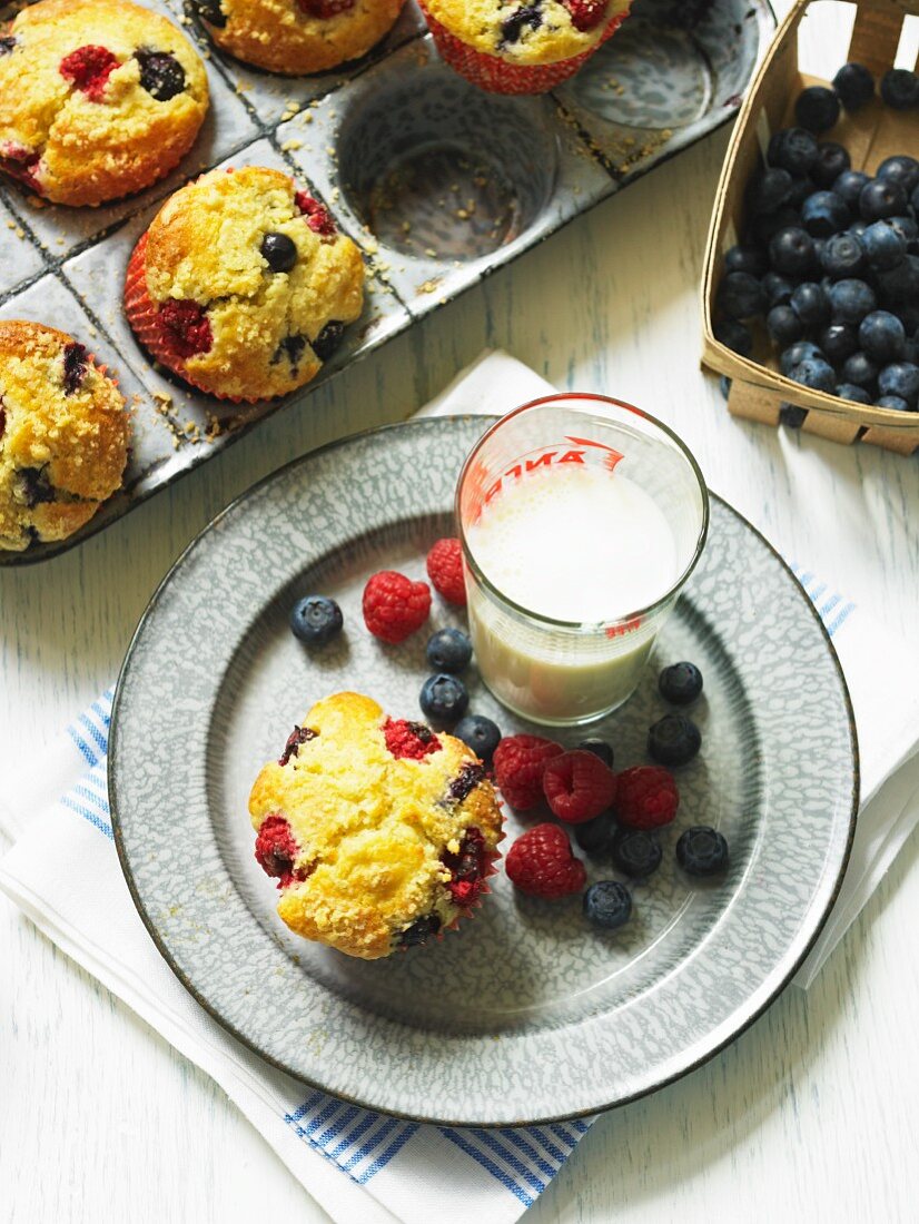 Berry muffins and glass of milk