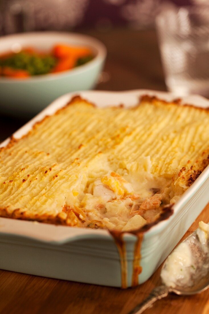 Fish pie in the baking dish